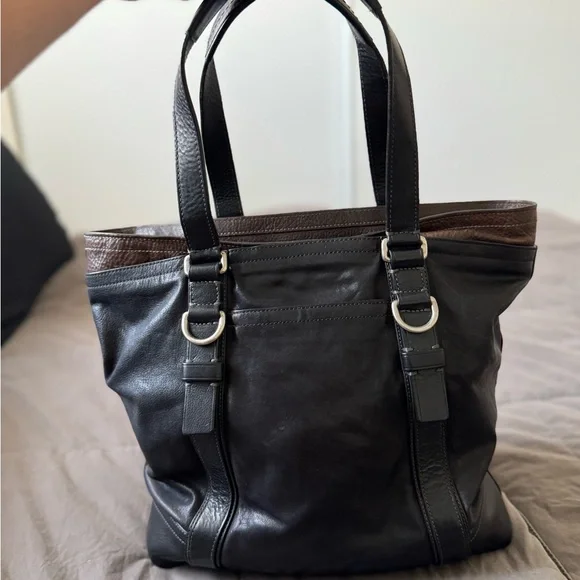 Coach Brown and Black Leather Tote Bag - Picture 3 of 9
